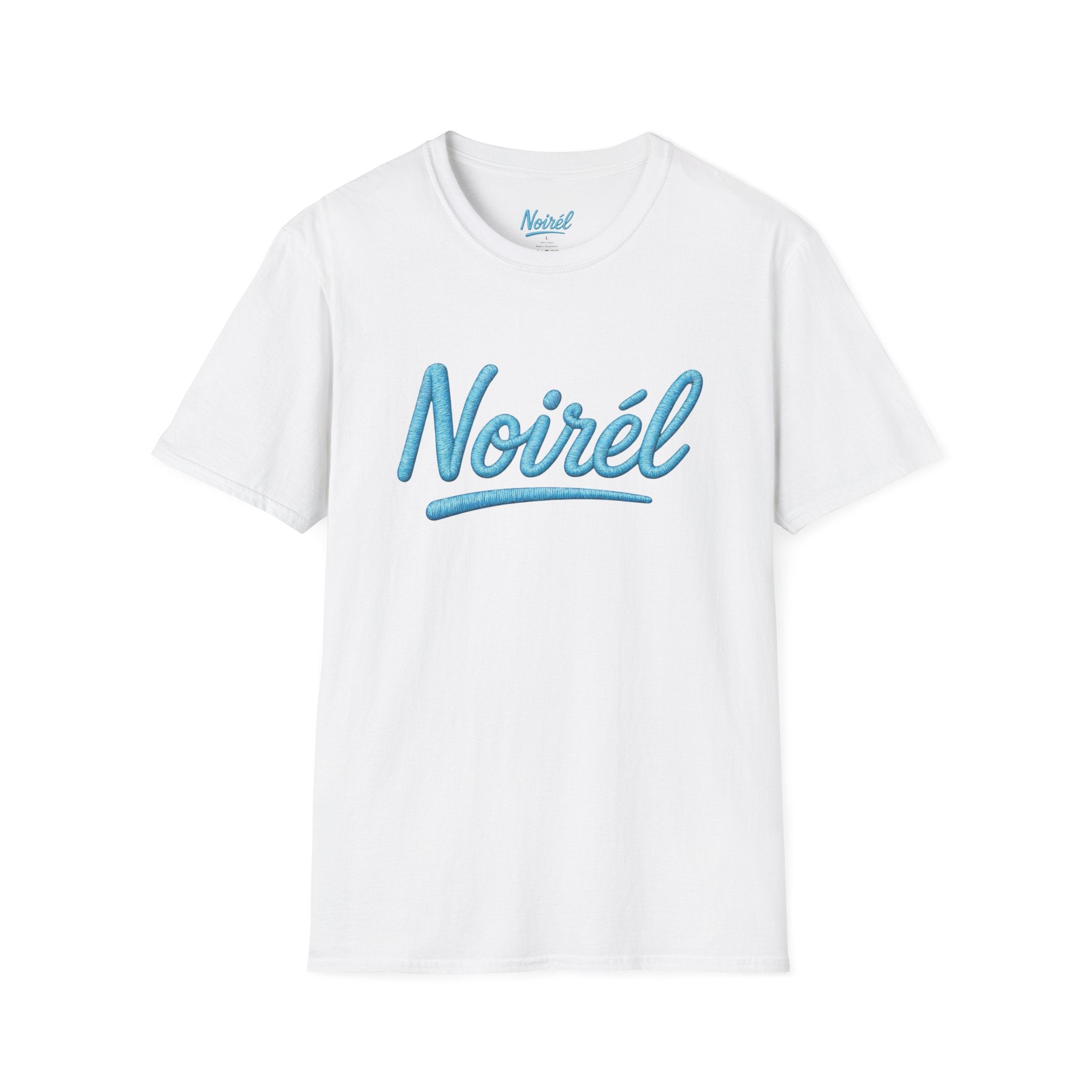 Noirél Script T‑Shirt — Retro Blue Handwritten Logo Tee