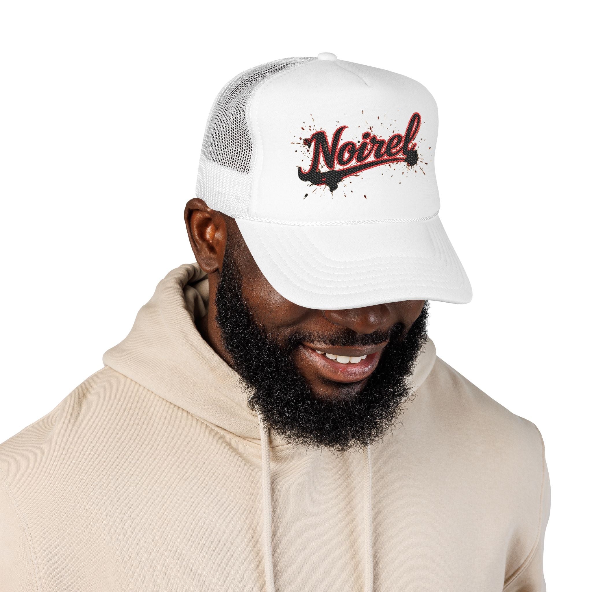 Noiriel Trucker Hat – Retro Script Logo Foam Mesh Cap 