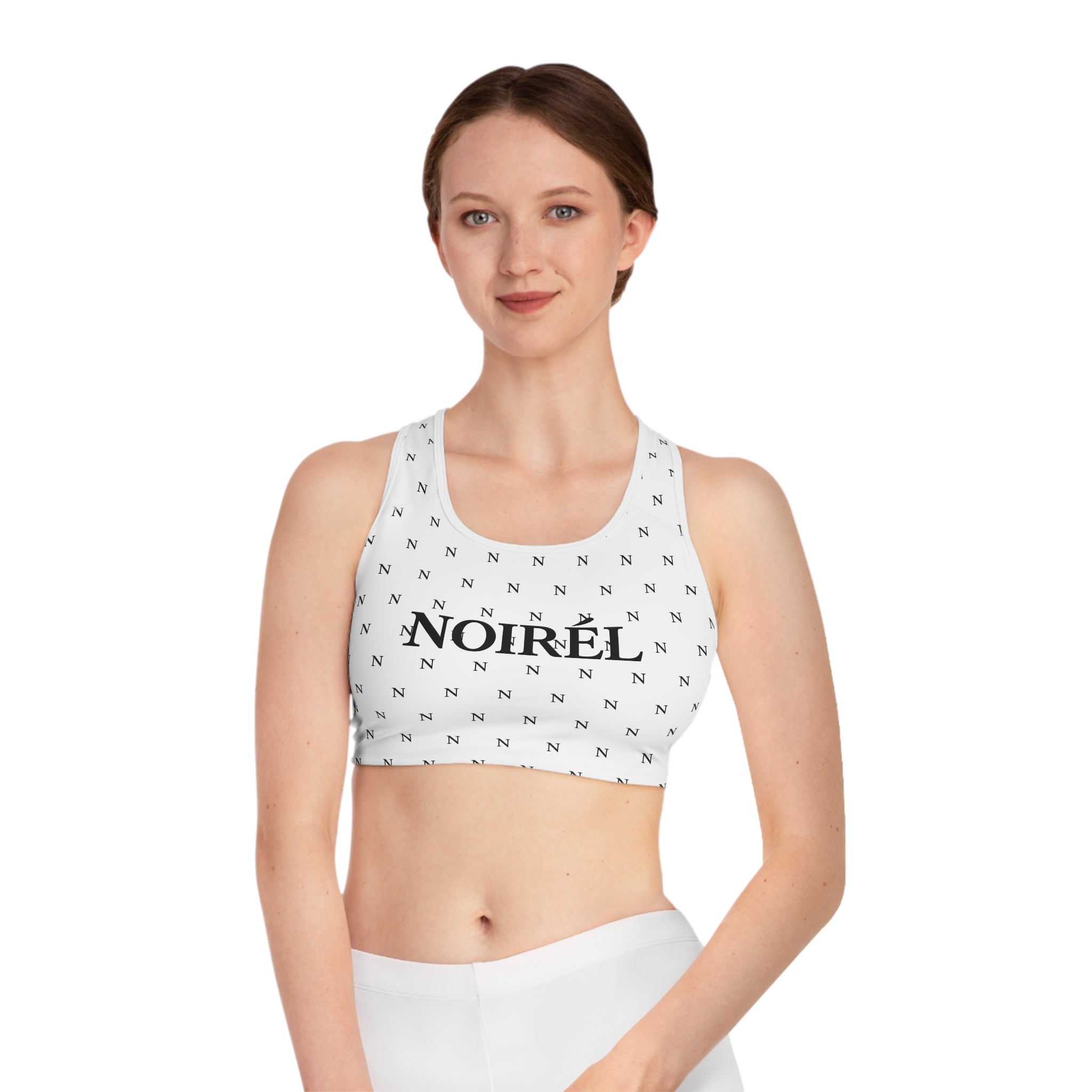 Noirél Monogram Sports Bra – Black Logo All-Over Print
