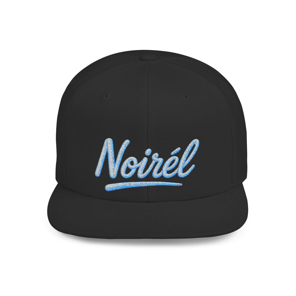Snapback Hat — “Noiréel” Blue Glitter Script Flat-Bill Cap 