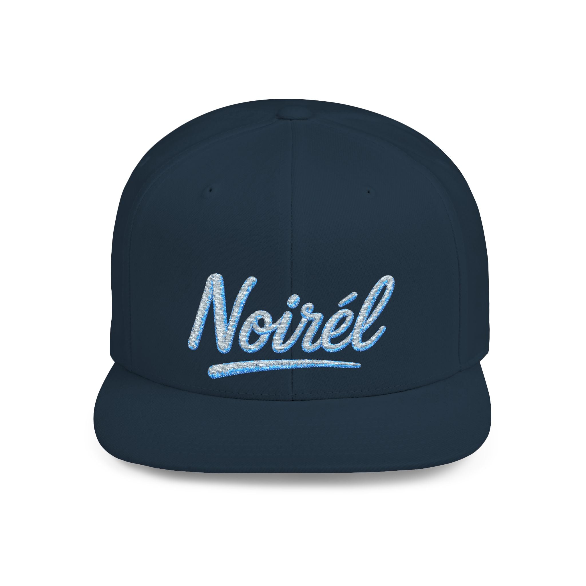 Snapback Hat — “Noiréel” Blue Glitter Script Flat-Bill Cap 