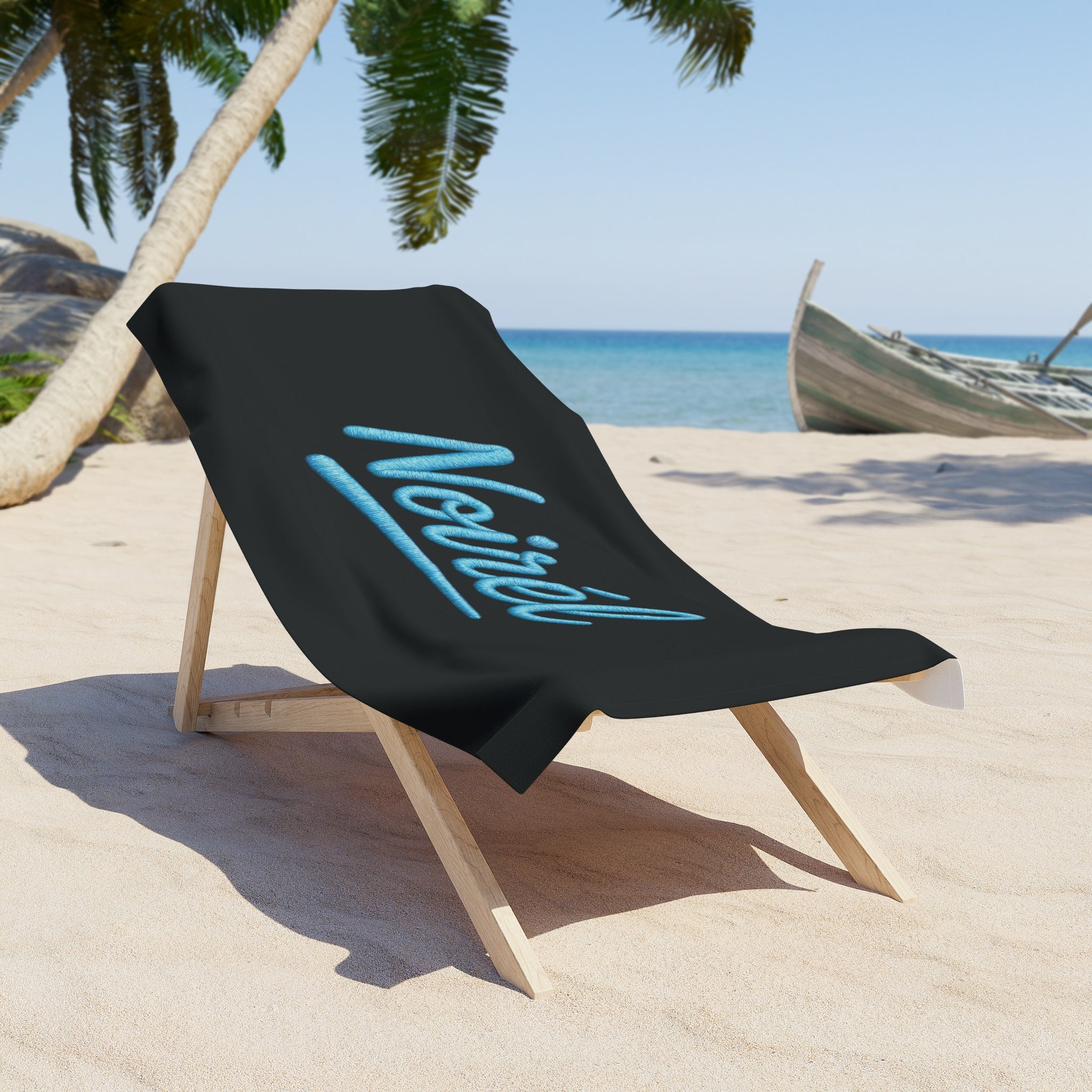 NOIRÉL Script Beach Towel – Premium Black Beach Towel with Blue Script Logo