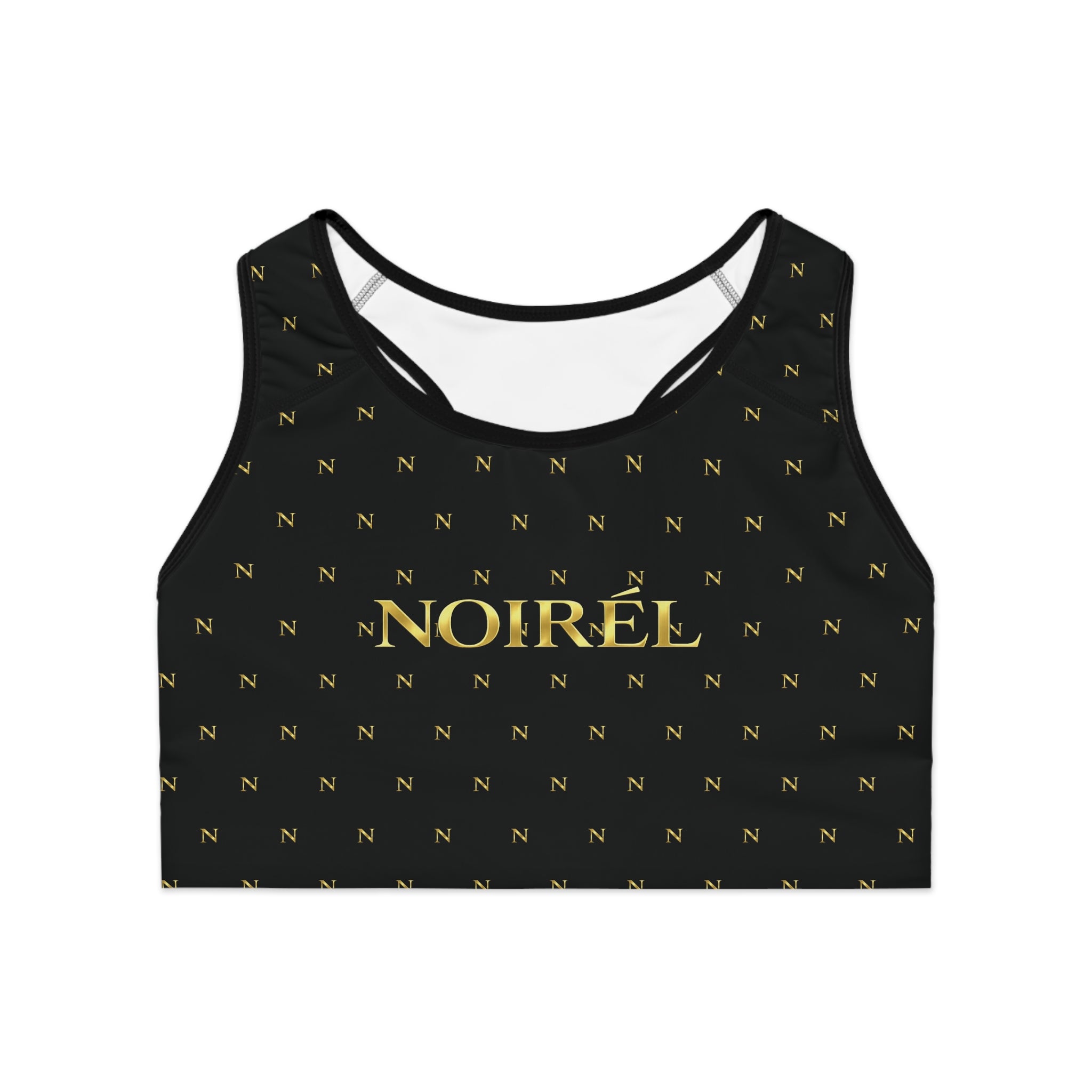 Noirél Gold Monogram Sports Bra — Black All-Over Print Athletic Top
