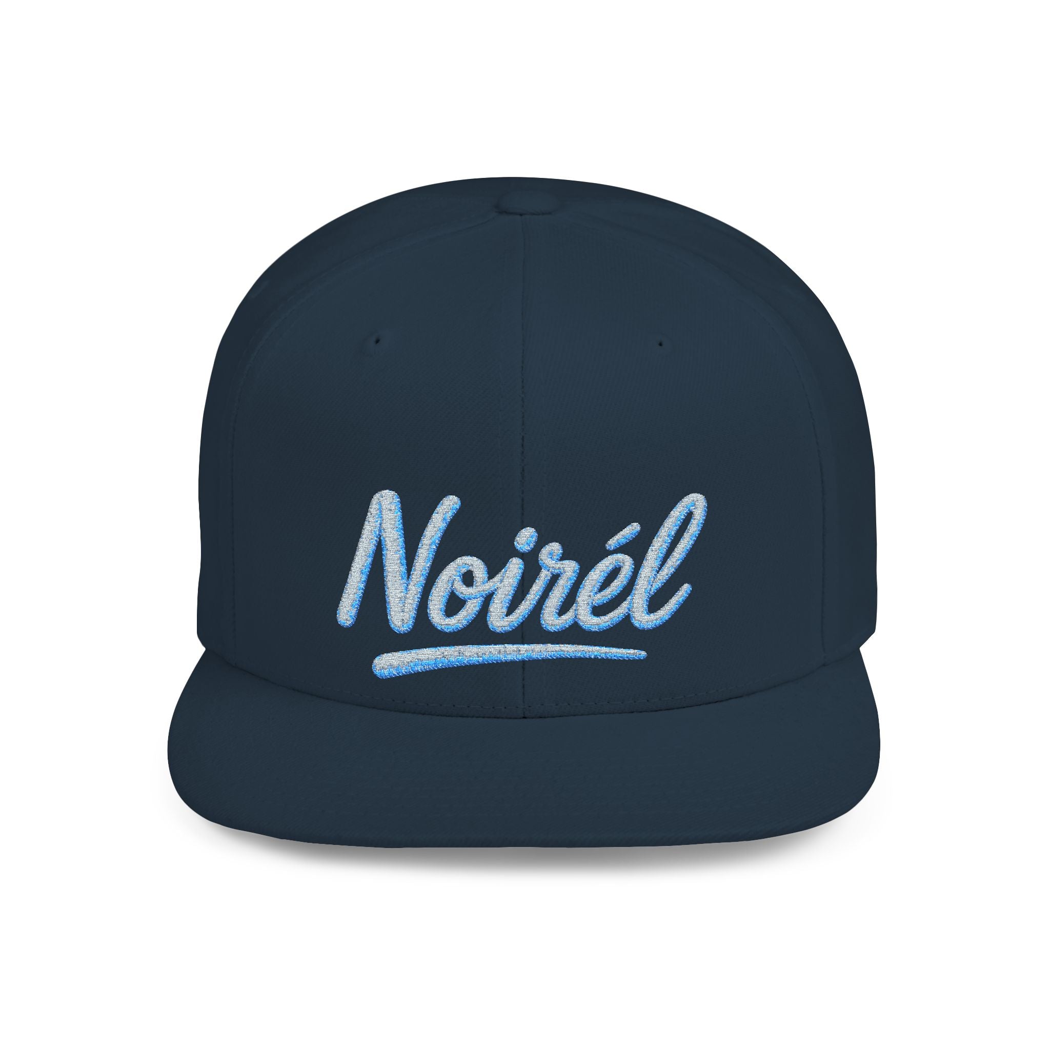 Snapback Hat — “Noiréel” Blue Glitter Script Flat-Bill Cap 
