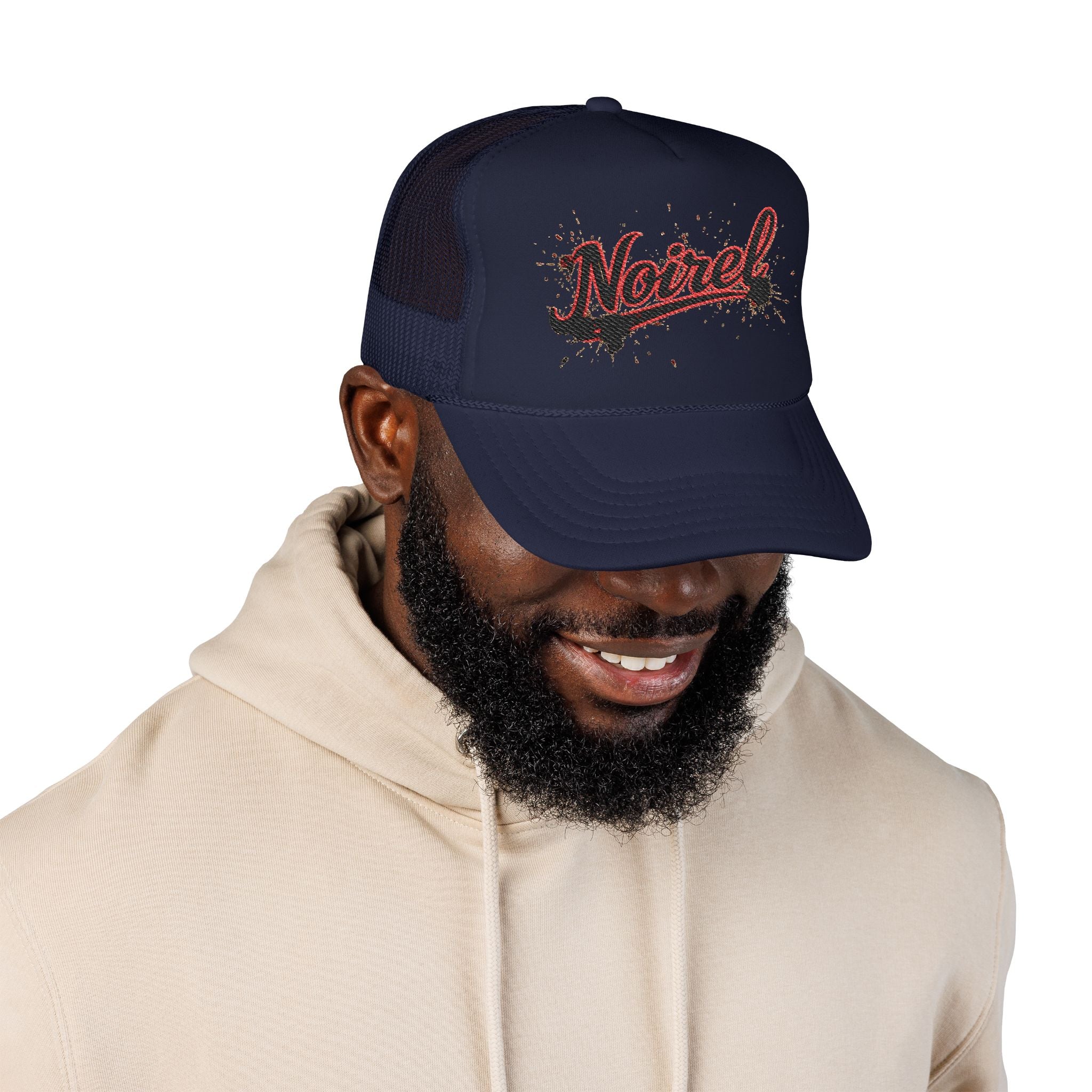 Noiriel Trucker Hat – Retro Script Logo Foam Mesh Cap 
