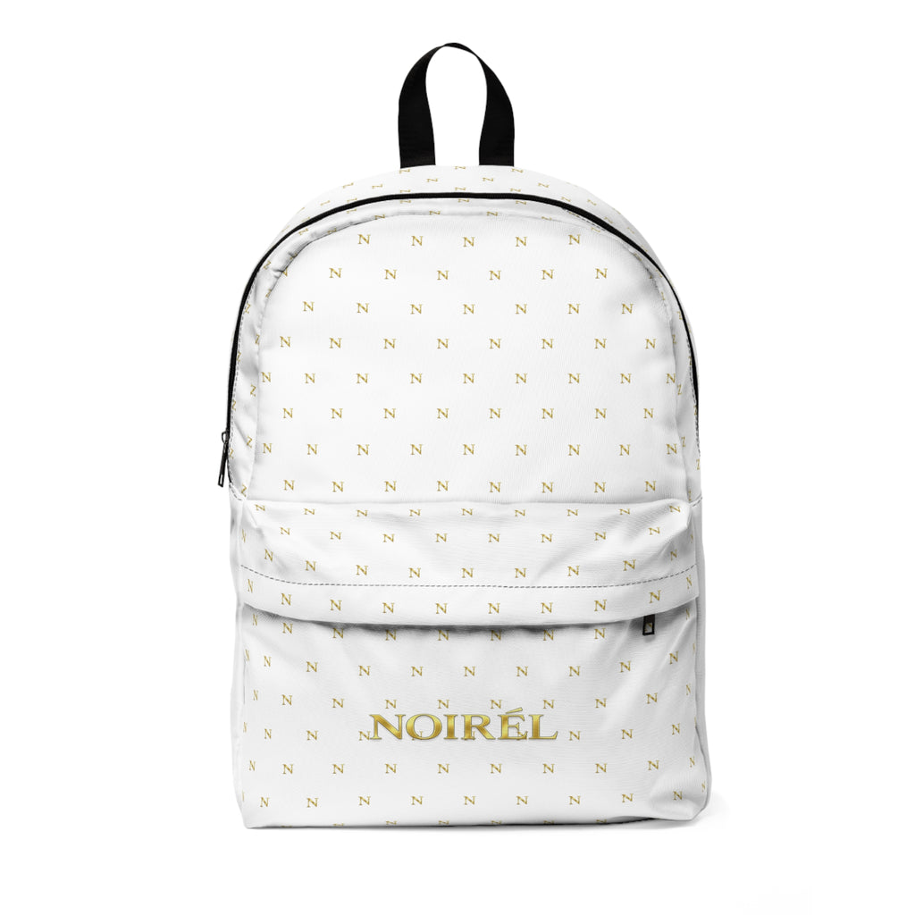 White Luxe Monogram Backpack — 'NOIREL' Gold Patterned School & Travel Bag