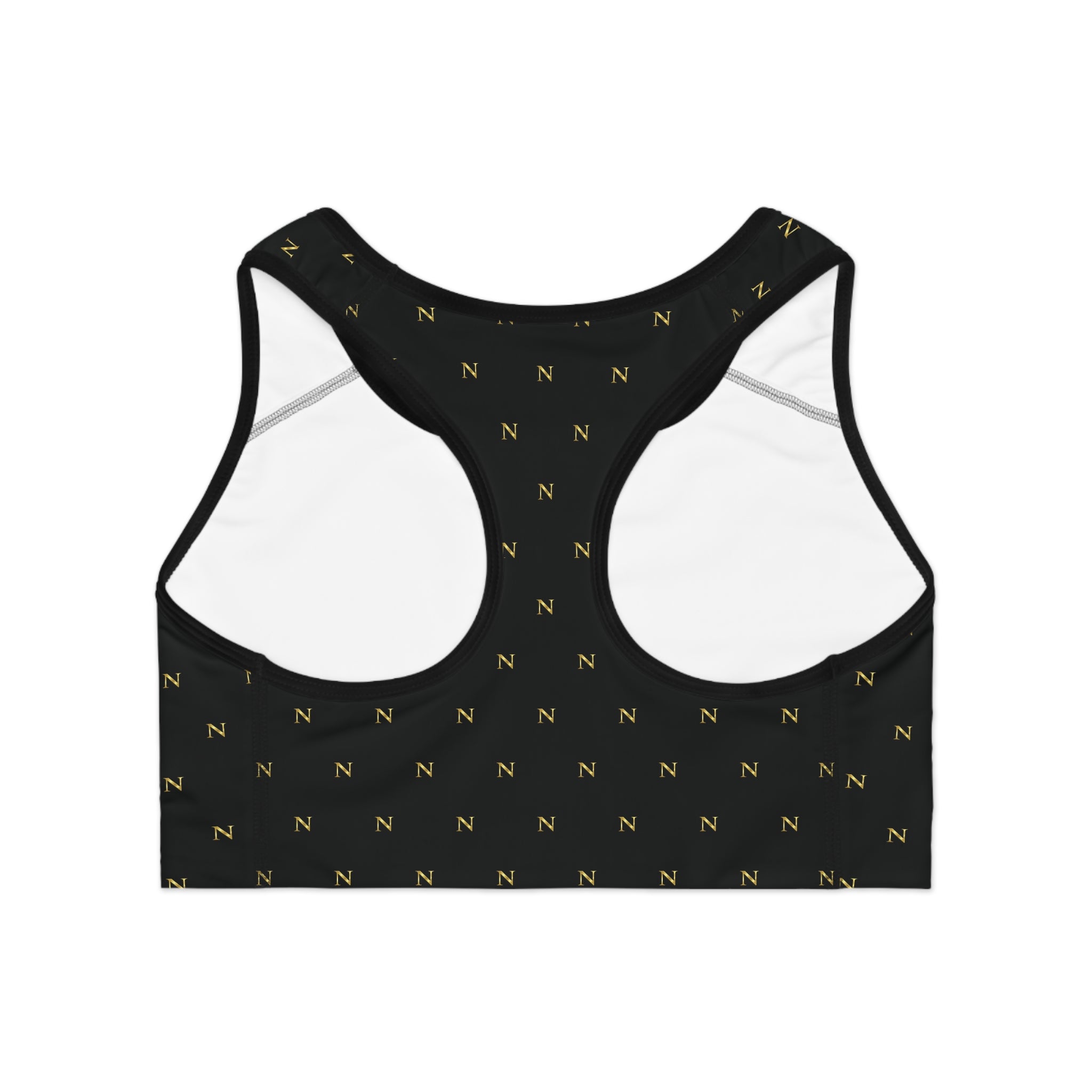 Noirél Gold Monogram Sports Bra — Black All-Over Print Athletic Top