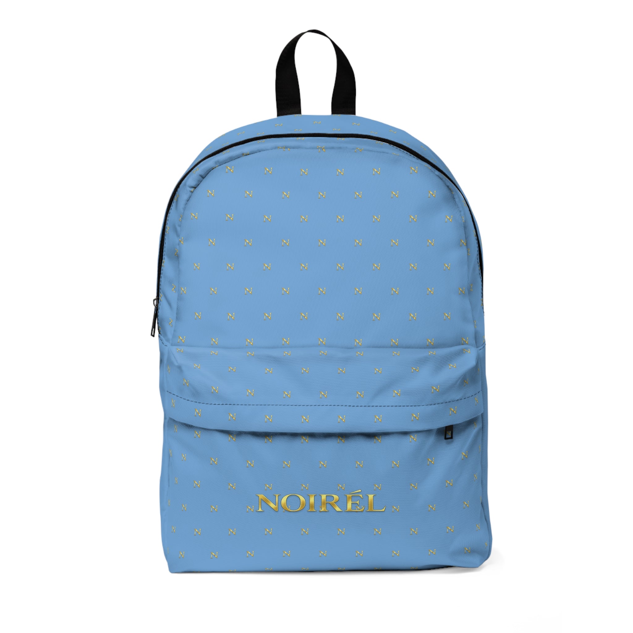 Classic Blue Monogram Backpack — Light Blue Backpack with Gold Pattern & 'NOIREL' Logo