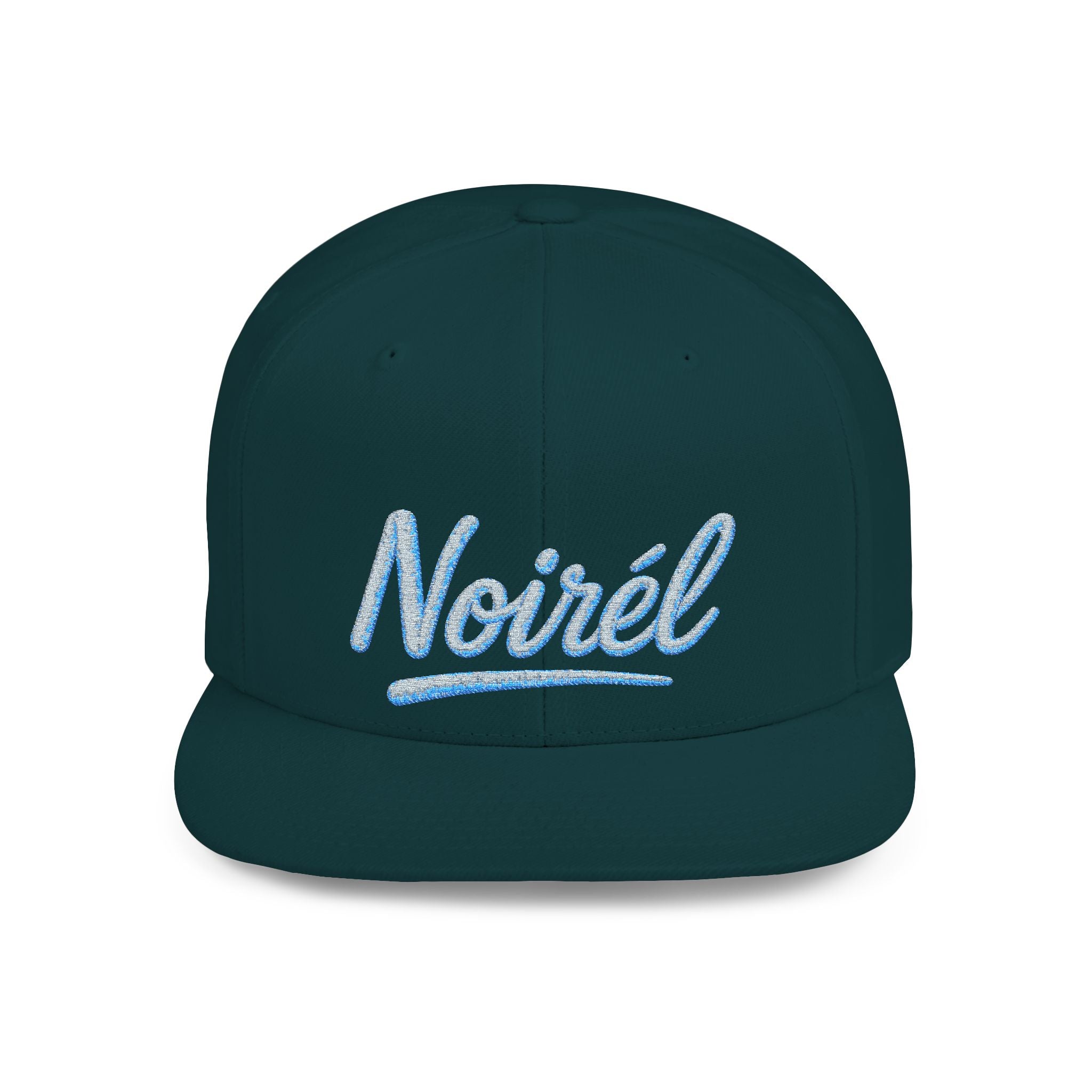 Snapback Hat — “Noiréel” Blue Glitter Script Flat-Bill Cap 