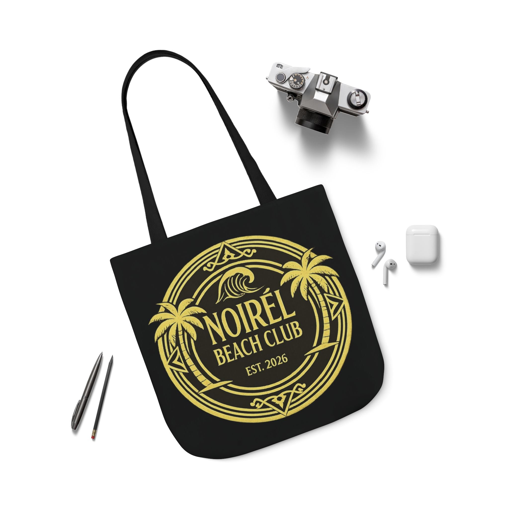Noirel Beach Club Canvas Tote — Gold Palm Logo Beach Bag