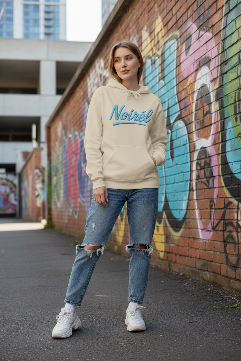Noirél Script Logo Hoodie | Retro Blue Brush Lettering
