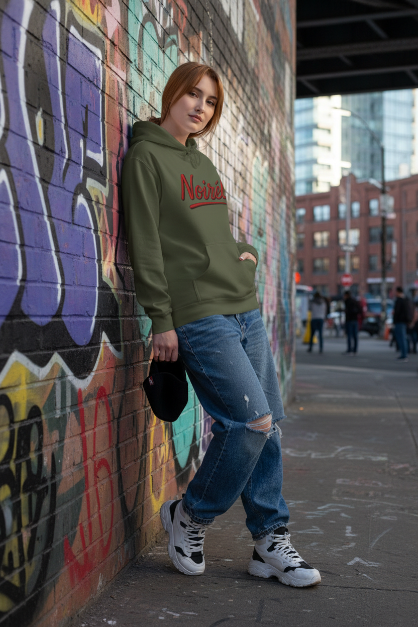 Noirél Script Hoodie | Retro Handwritten Logo, Red Brushstroke