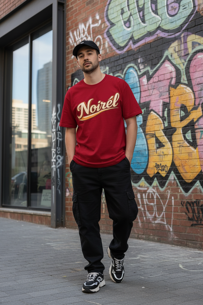 NOIRÉL Red T-Shirt – Script Front & Sunset Back Print