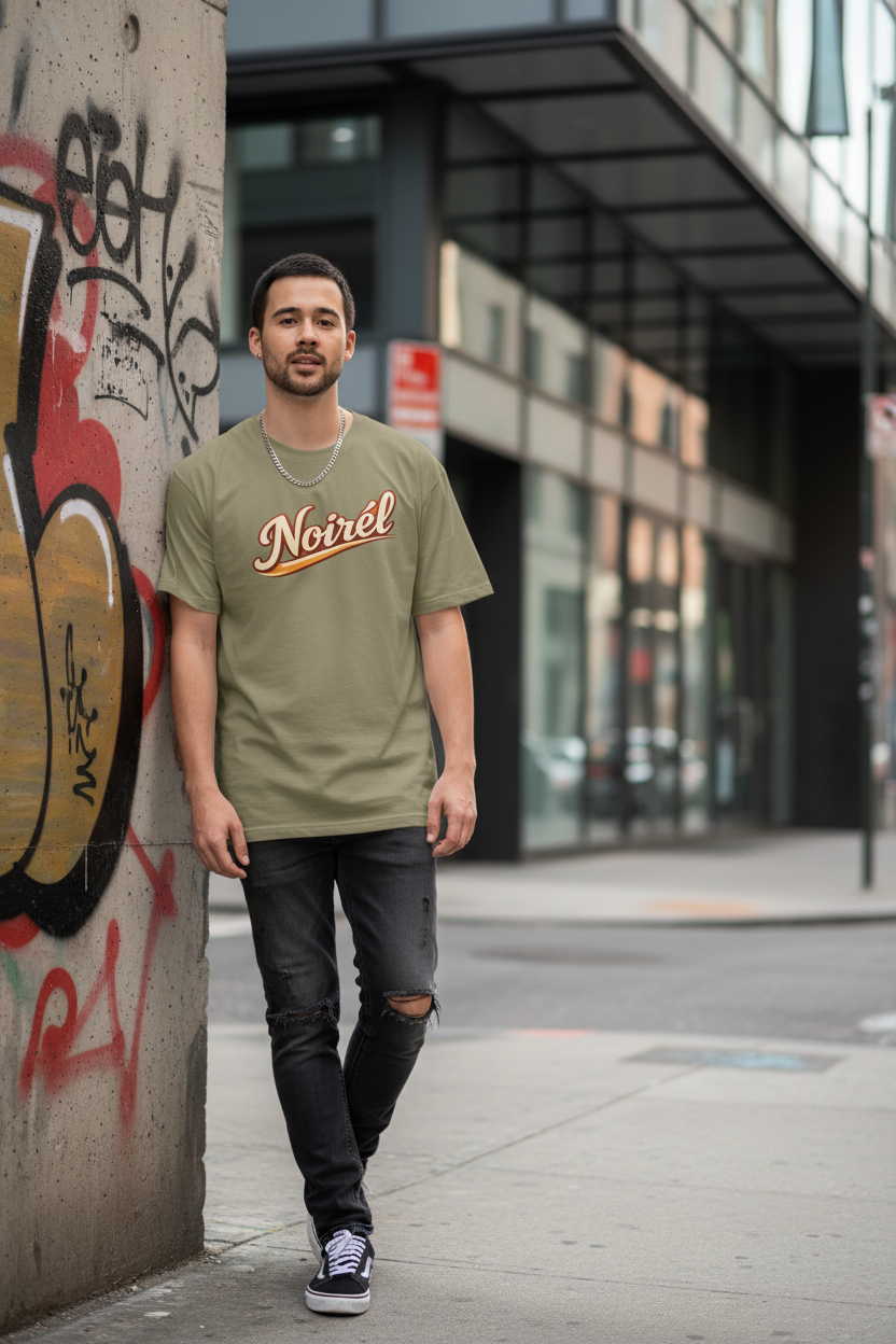 Noirel Script Logo T-shirt | Tropical Sunset Palm Beach Design