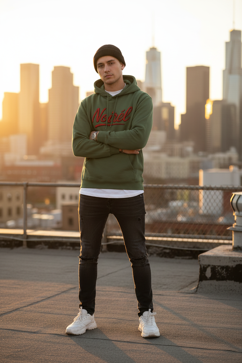 Noirél Script Hoodie | Retro Handwritten Logo, Red Brushstroke