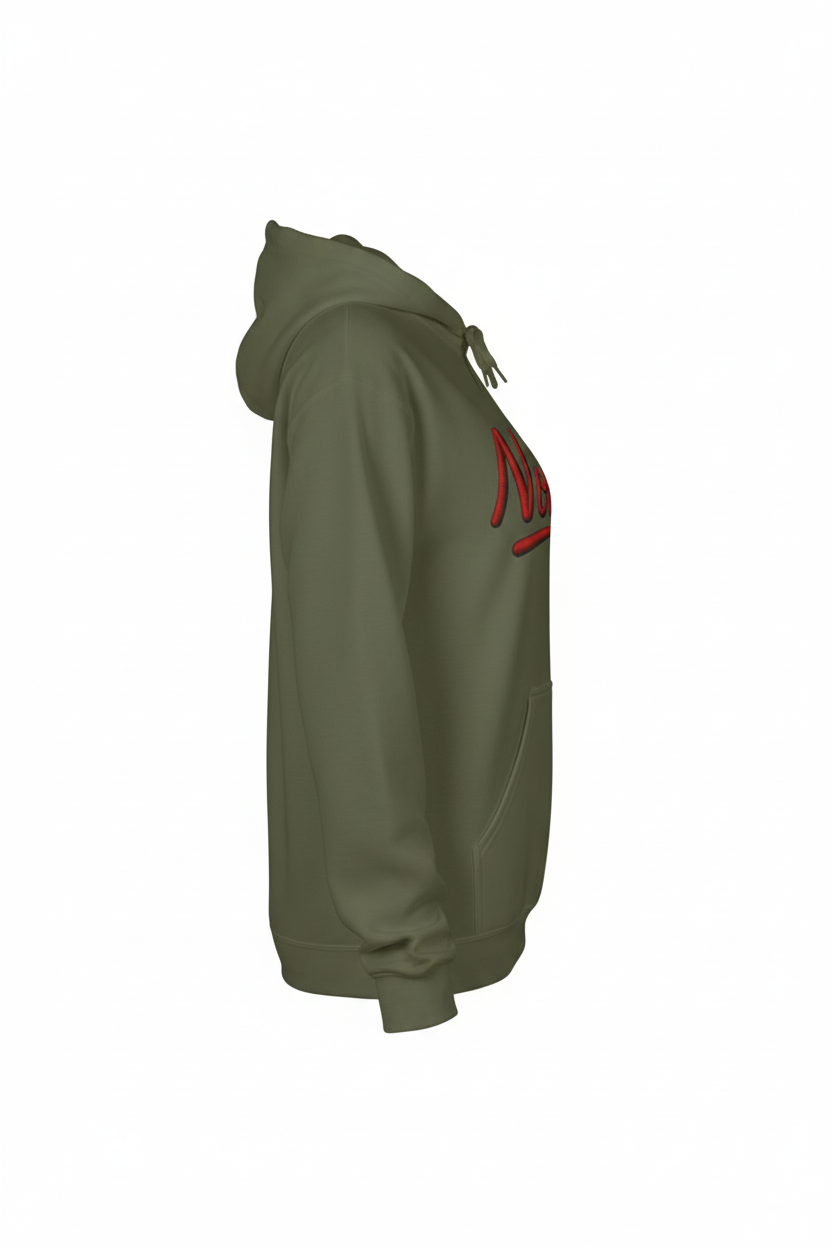 Noirél Script Hoodie | Retro Handwritten Logo, Red Brushstroke