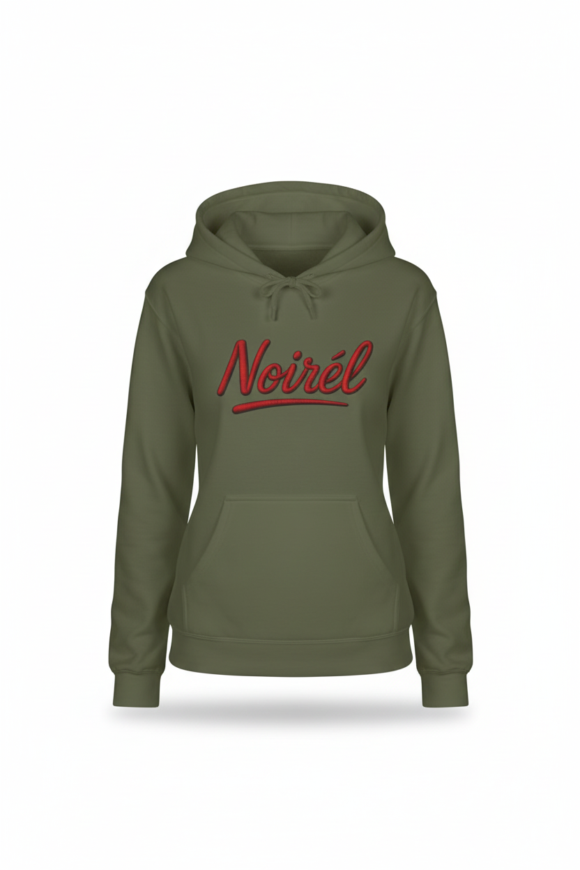 Noirél Script Hoodie | Retro Handwritten Logo, Red Brushstroke