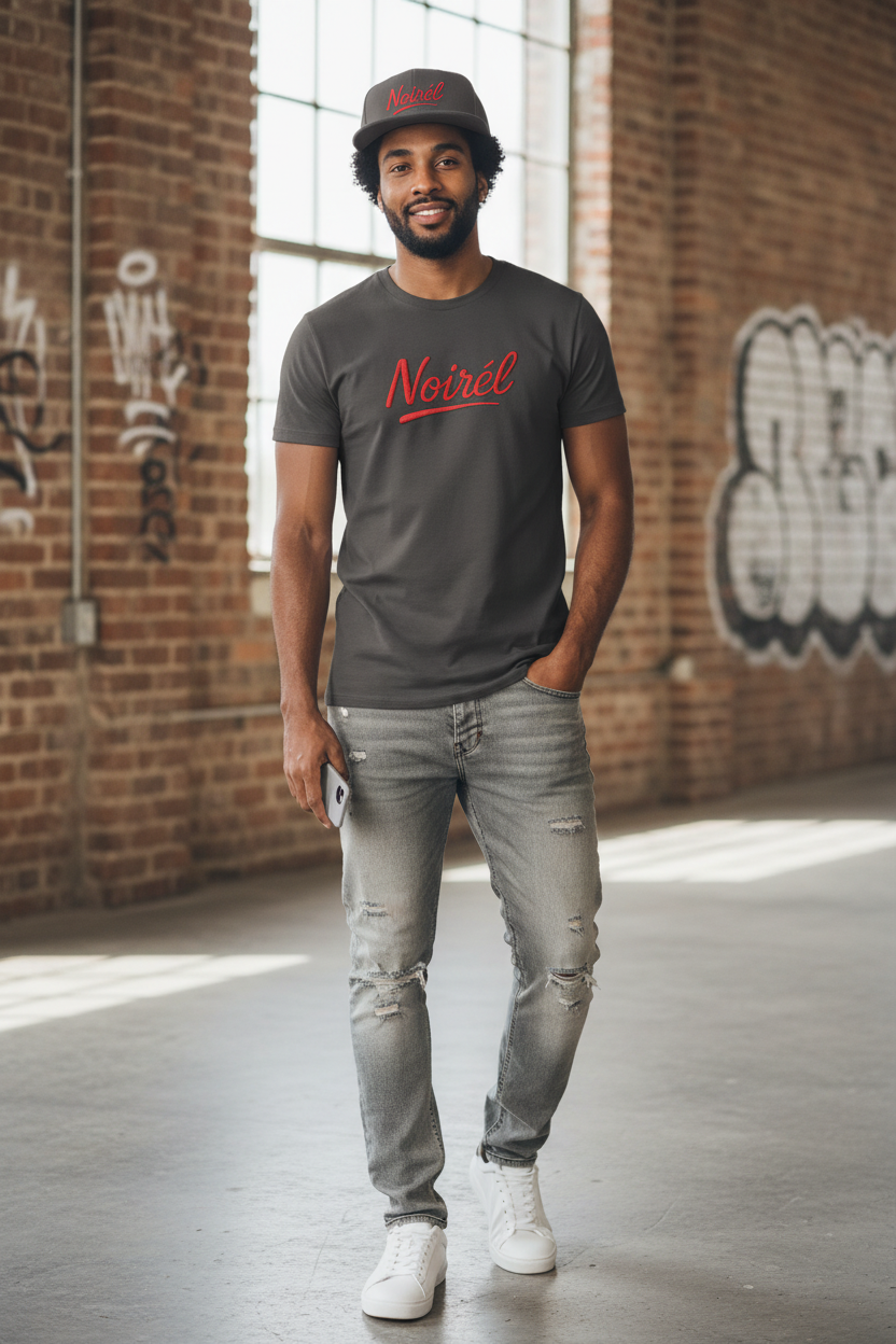 Noirél Script Logo Flat Bill Snapback | Embroidered Red Text Cap