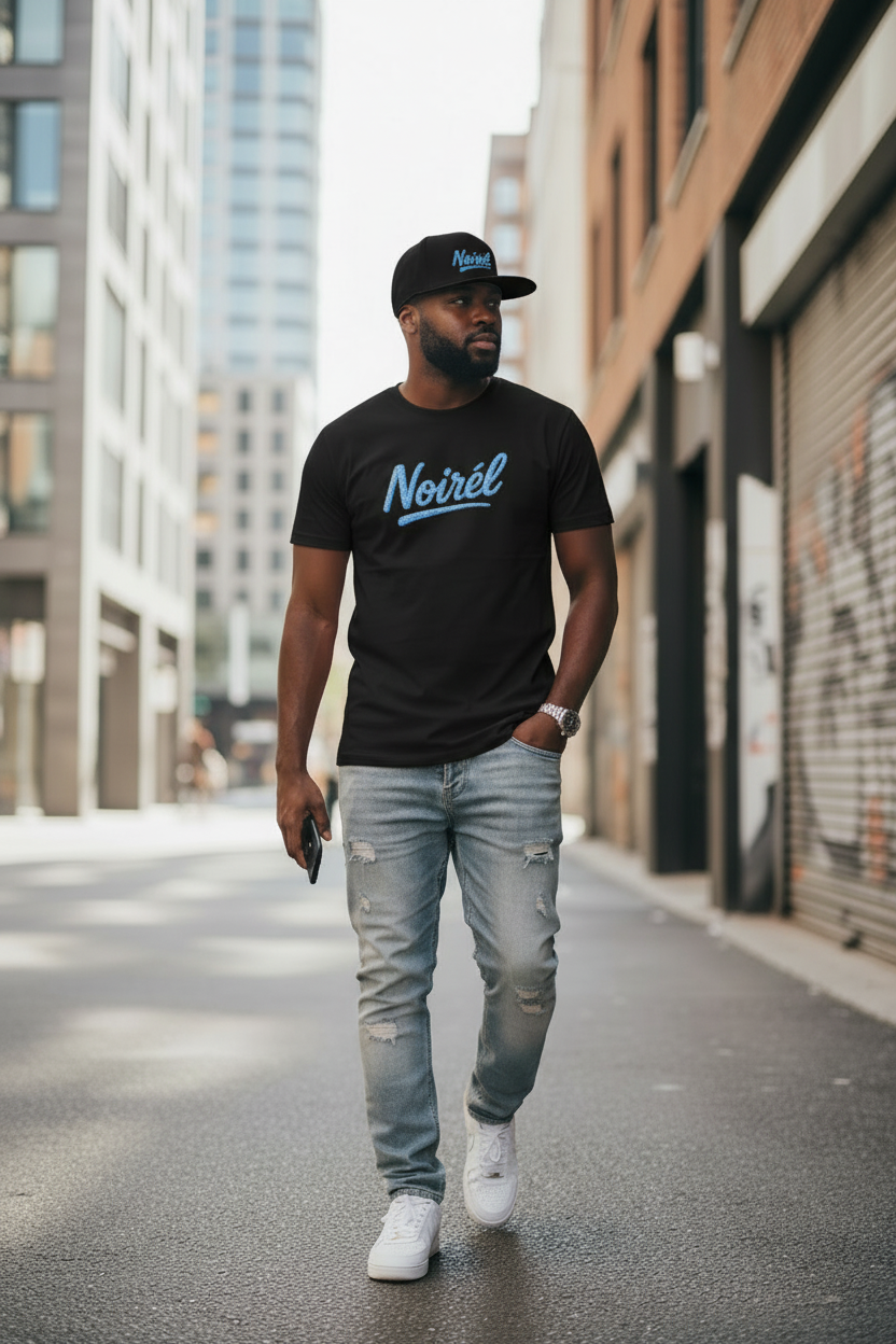 Snapback Hat — “Noiréel” Blue Glitter Script Flat-Bill Cap 