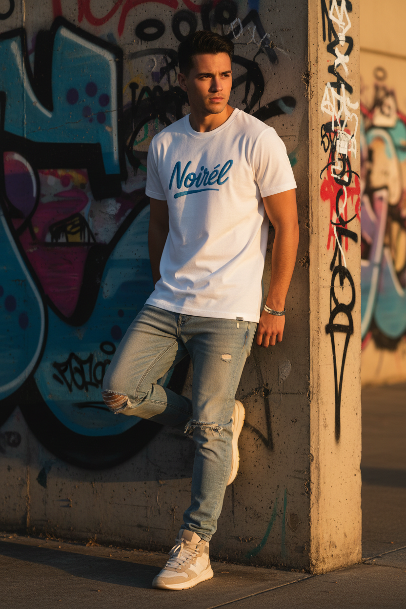 Noirél Script T‑Shirt — Retro Blue Handwritten Logo Tee