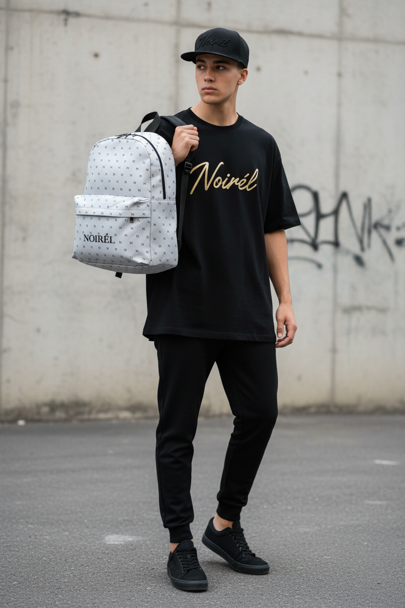 Backpack — Minimalist Monogram Grey Backpack with "NOIRÉL" Front Logo