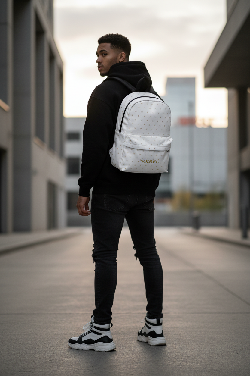 White Luxe Monogram Backpack — 'NOIREL' Gold Patterned School & Travel Bag