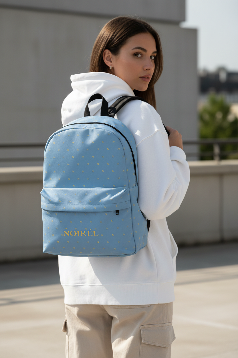 Classic Blue Monogram Backpack — Light Blue Backpack with Gold Pattern & 'NOIREL' Logo