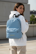 Classic Blue Monogram Backpack — Light Blue Backpack with Gold Pattern & 'NOIREL' Logo