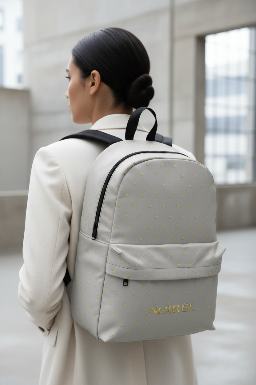 NOIRÉL Monogram Backpack — Grey & Gold Premium Daypack
