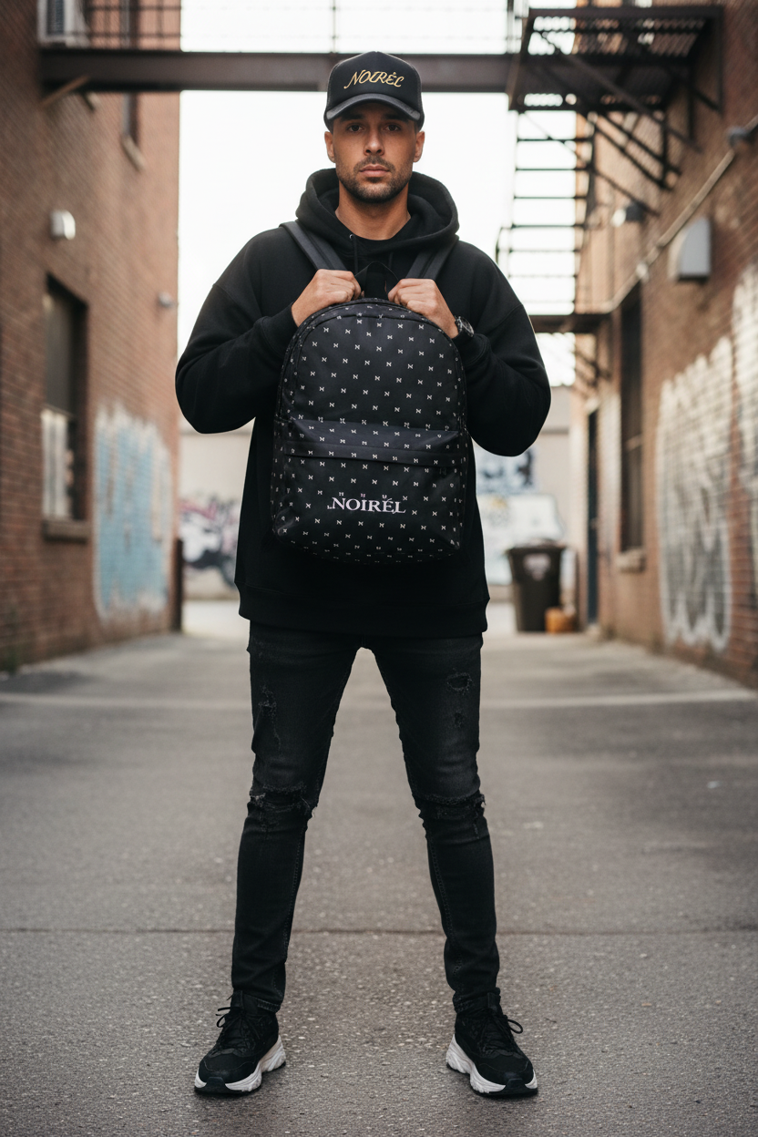 Noirel Monogram Backpack – Black Designer Logo Daypack