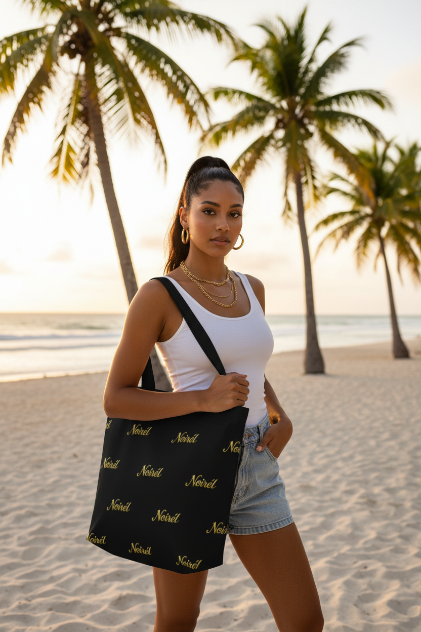 Canvas Tote Bag — Elegant Repeating “Noir” Script Pattern, Black & Gold Everyday Shopper