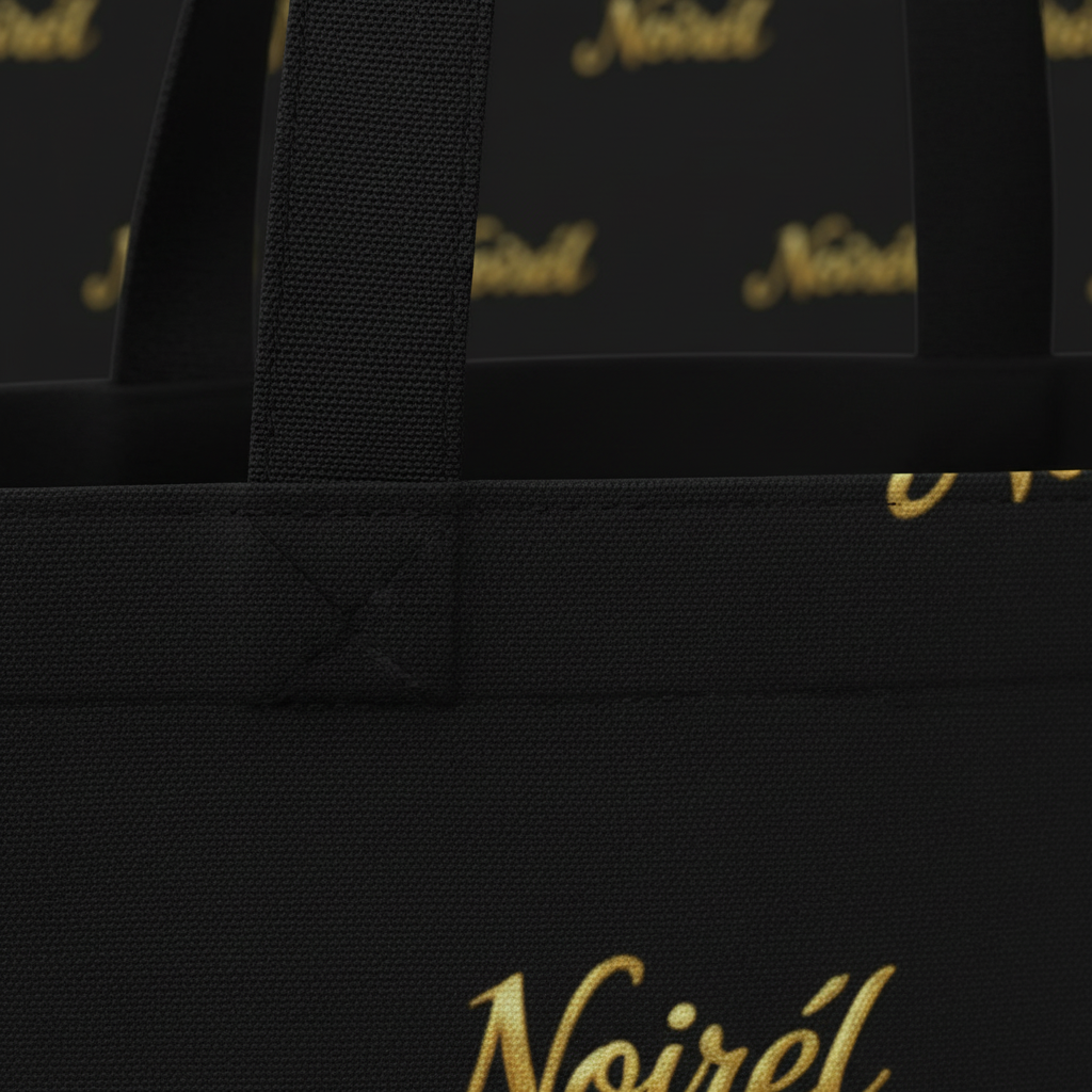 Canvas Tote Bag — Elegant Repeating “Noir” Script Pattern, Black & Gold Everyday Shopper