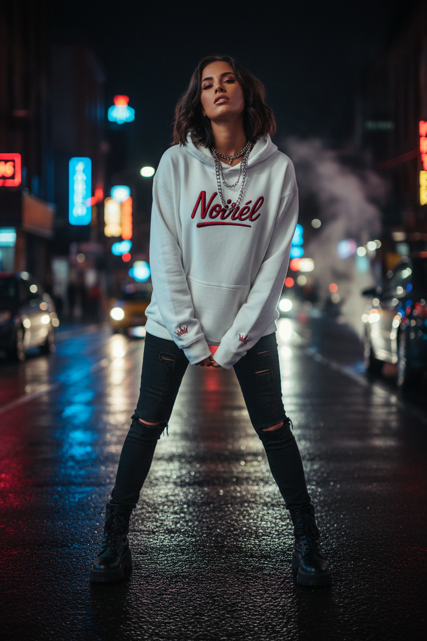 NOIRÉL Script Hoodie – Rot gesticktes Logo