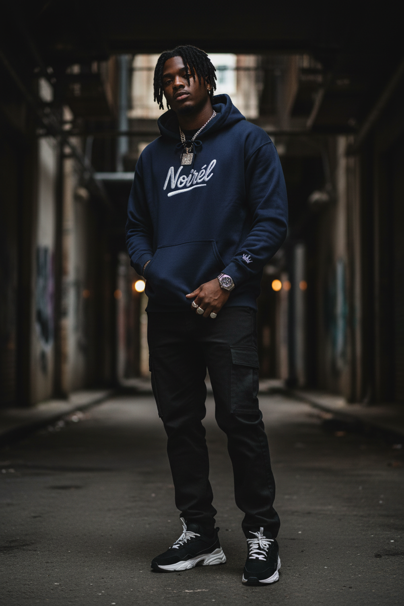 NOIRÉL Script Hoodie – Weiß gesticktes Logo
