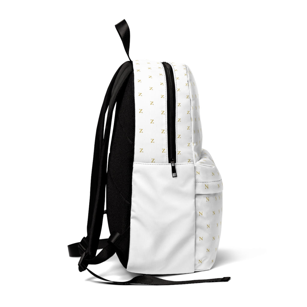 White Luxe Monogram Backpack — 'NOIREL' Gold Patterned School & Travel Bag