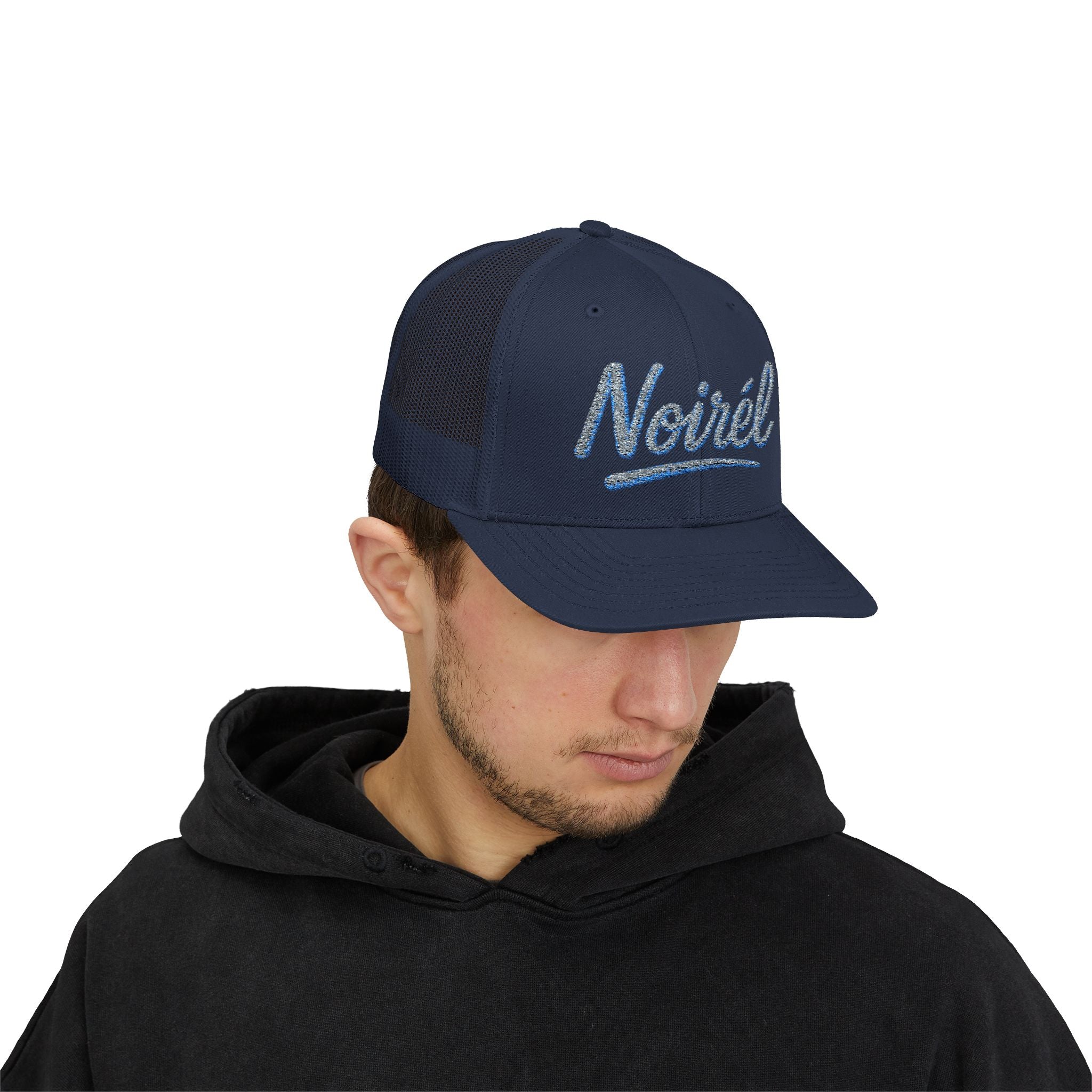 Noirél Script Trucker Cap — Sparkle Embroidered Snapback Hat