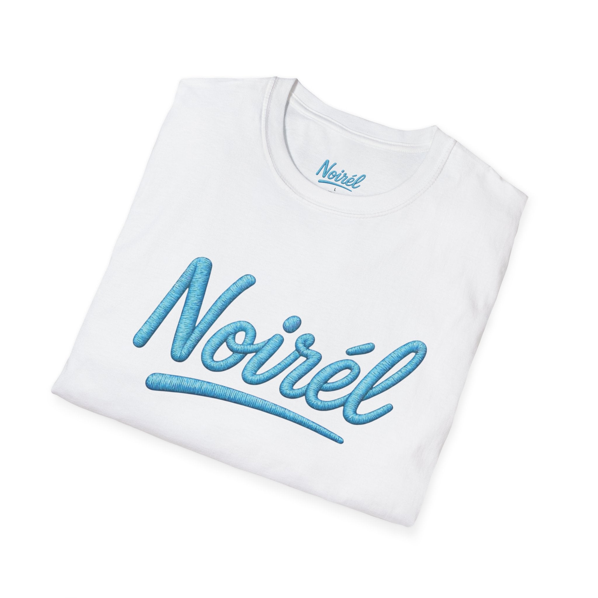 Noirél Script T‑Shirt — Retro Blue Handwritten Logo Tee