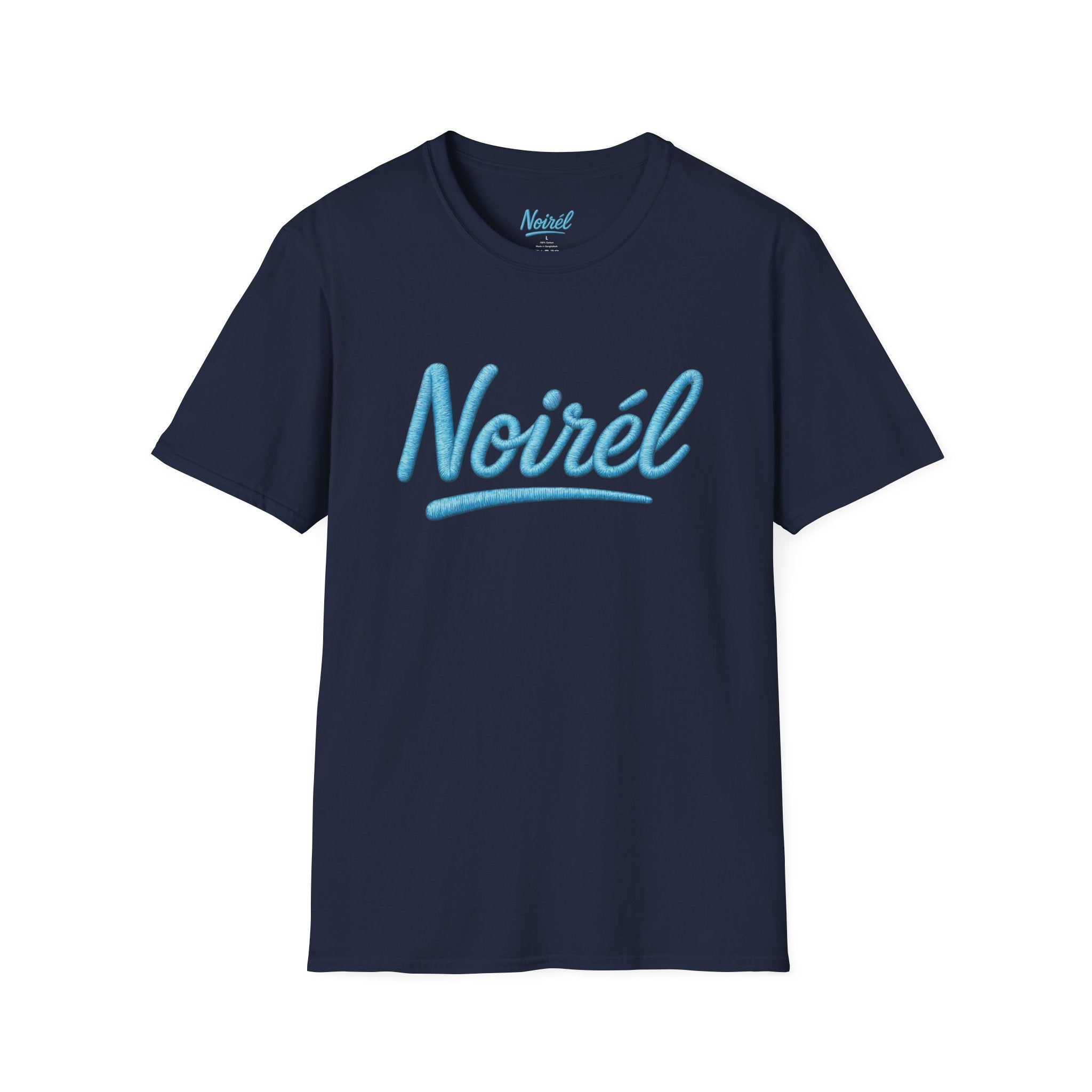 Noirél Script T‑Shirt — Retro Blue Handwritten Logo Tee
