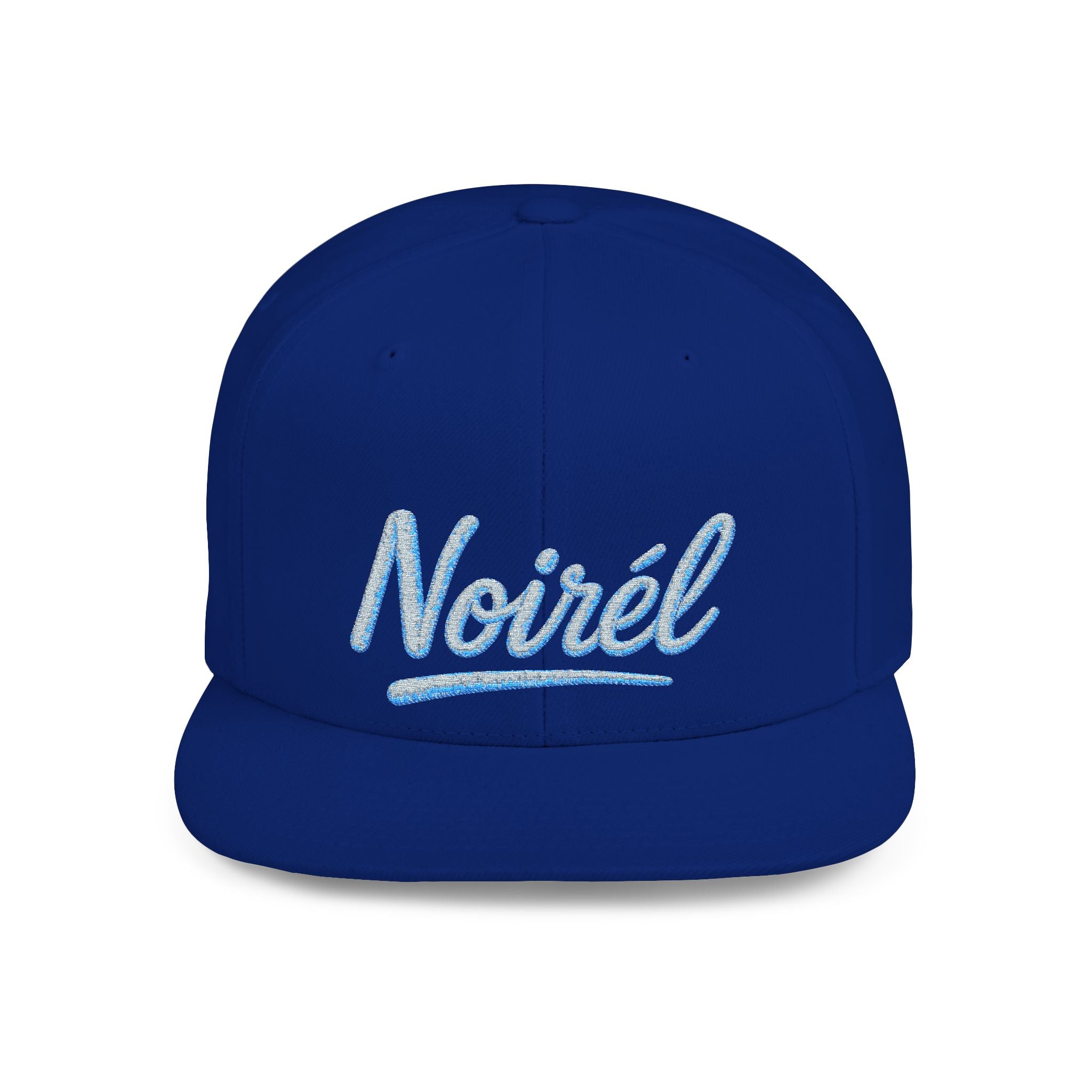 Snapback Hat — “Noiréel” Blue Glitter Script Flat-Bill Cap 