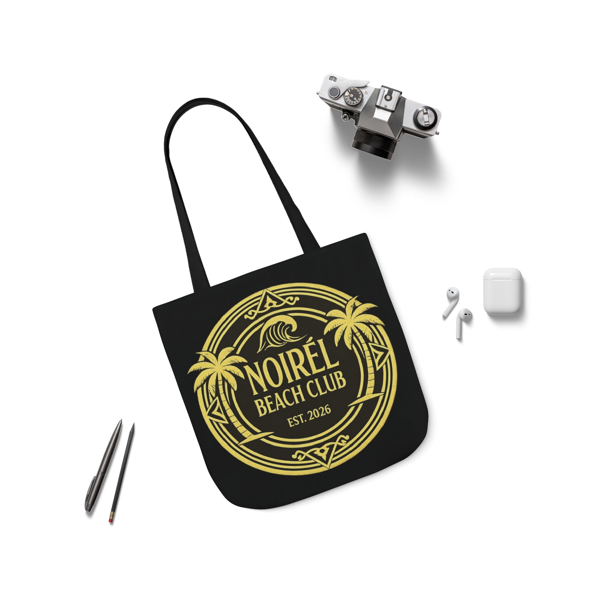 Noirel Beach Club Canvas Tote — Gold Palm Logo Beach Bag