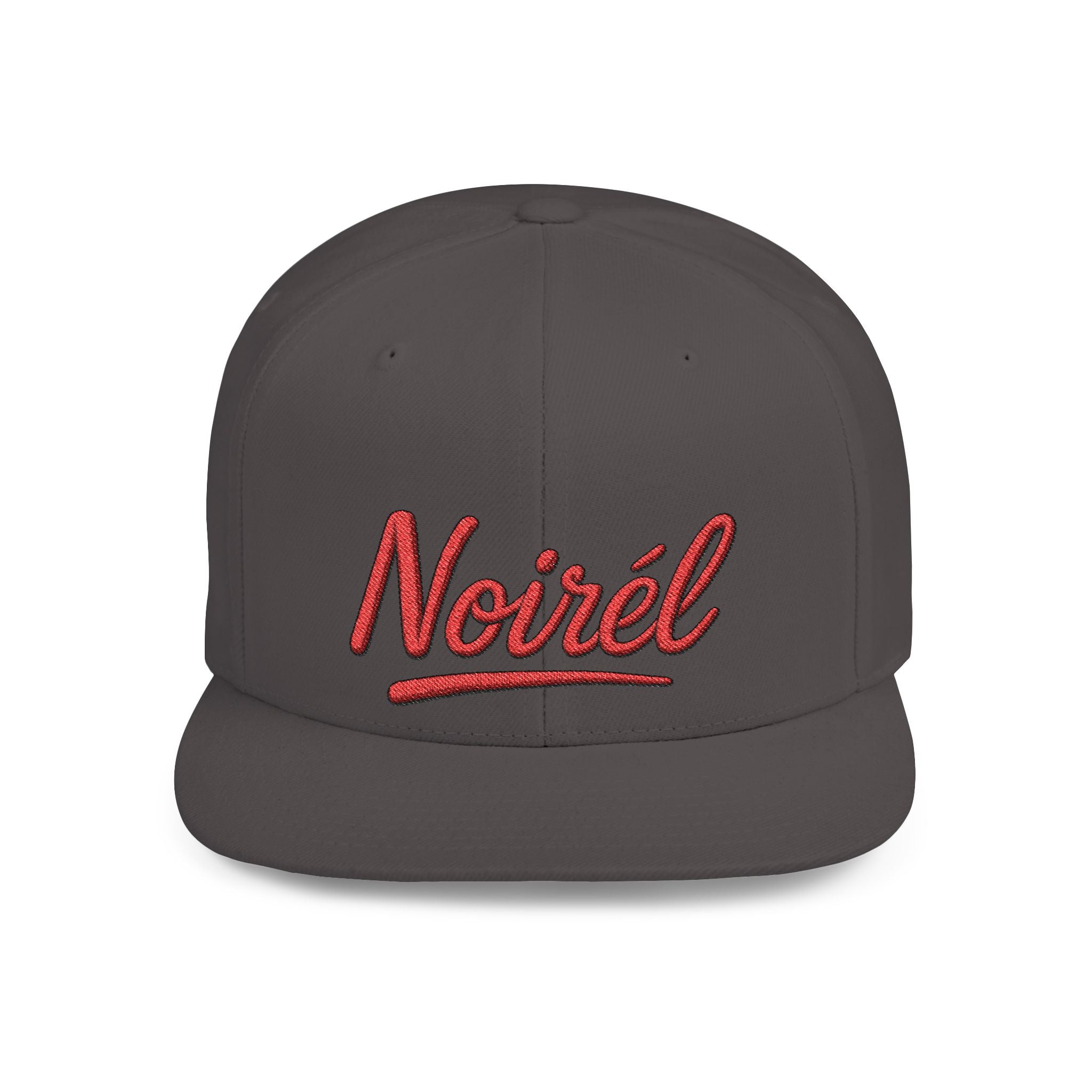 Noirél Script Logo Flat Bill Snapback | Embroidered Red Text Cap