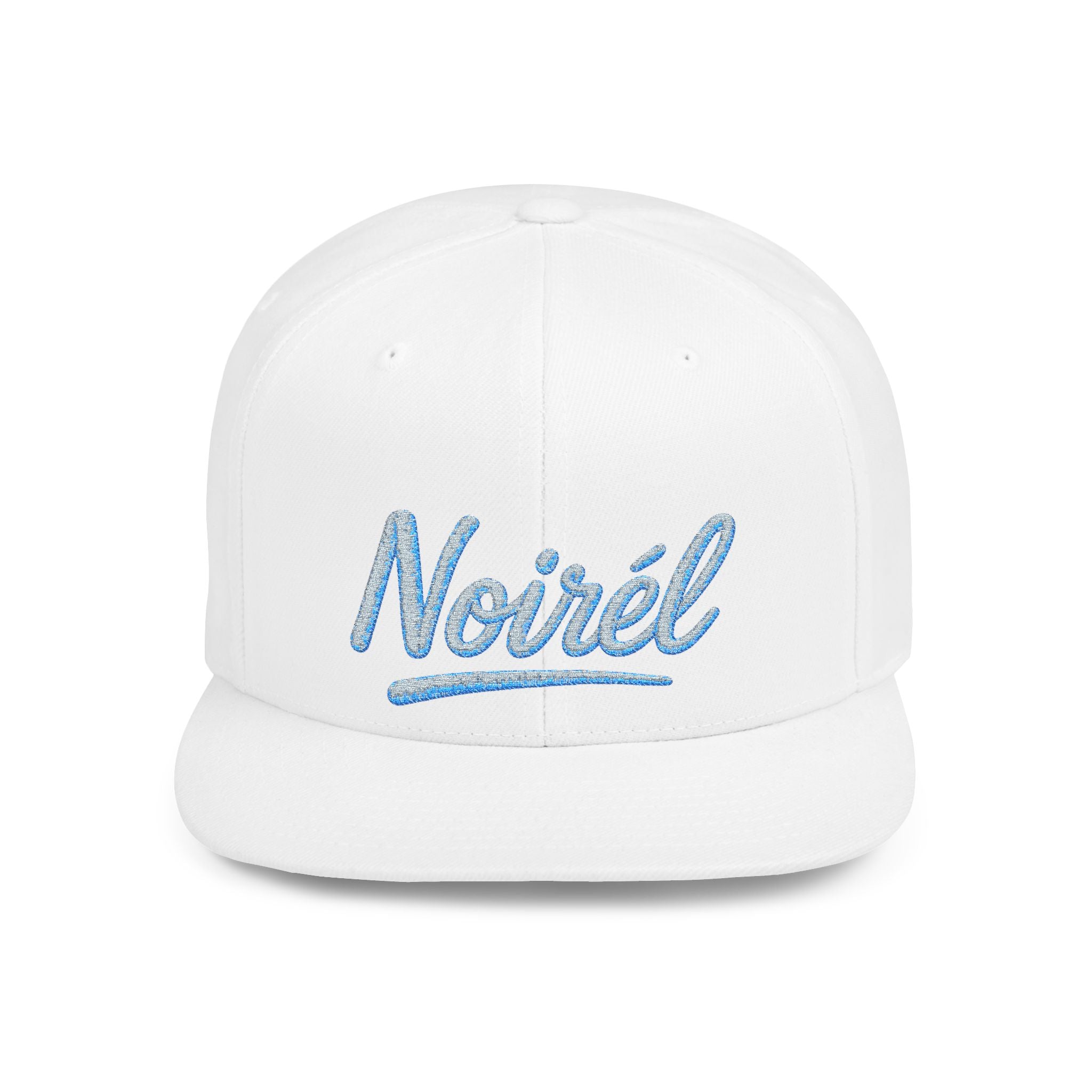 Snapback Hat — “Noiréel” Blue Glitter Script Flat-Bill Cap 