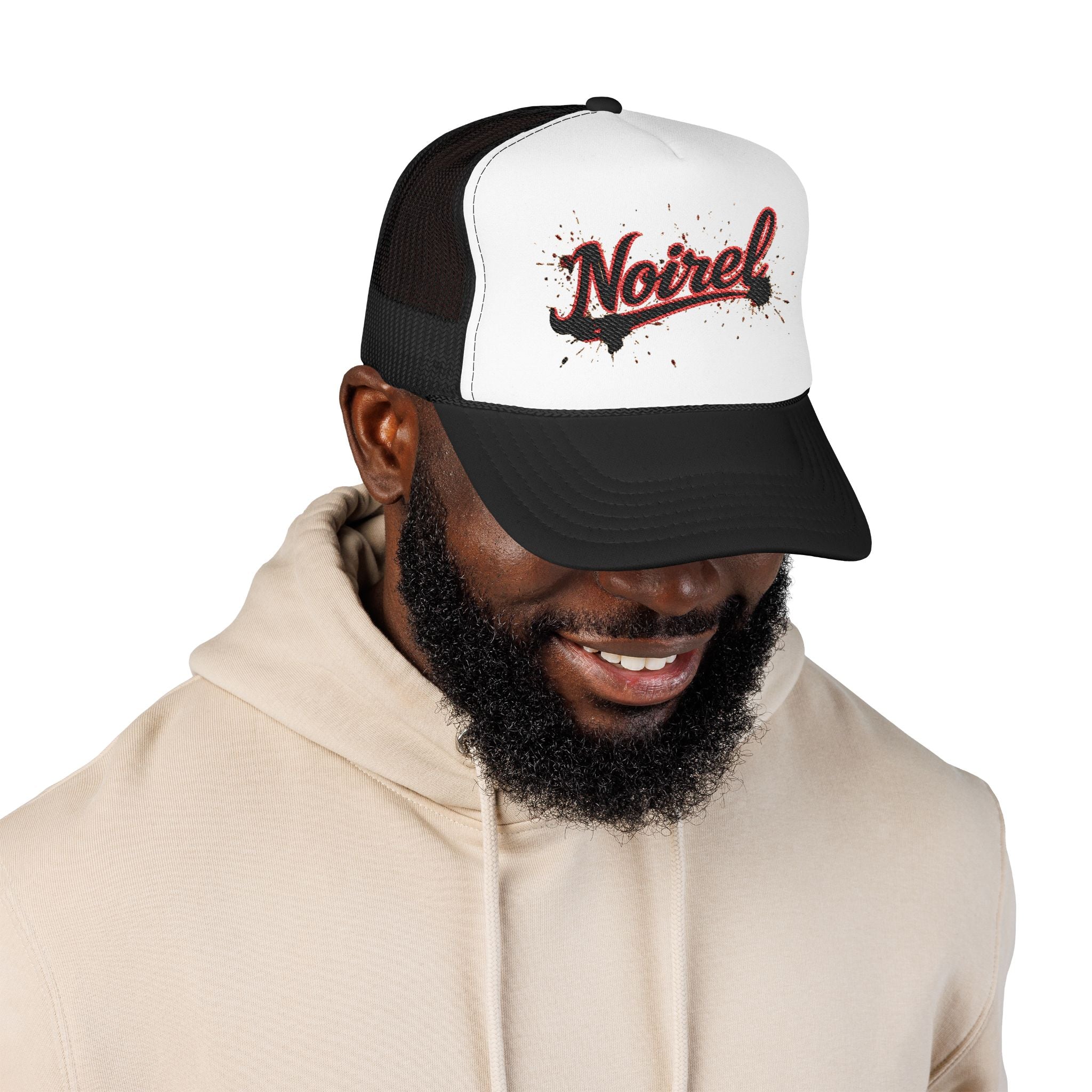 Noiriel Trucker Hat – Retro Script Logo Foam Mesh Cap 
