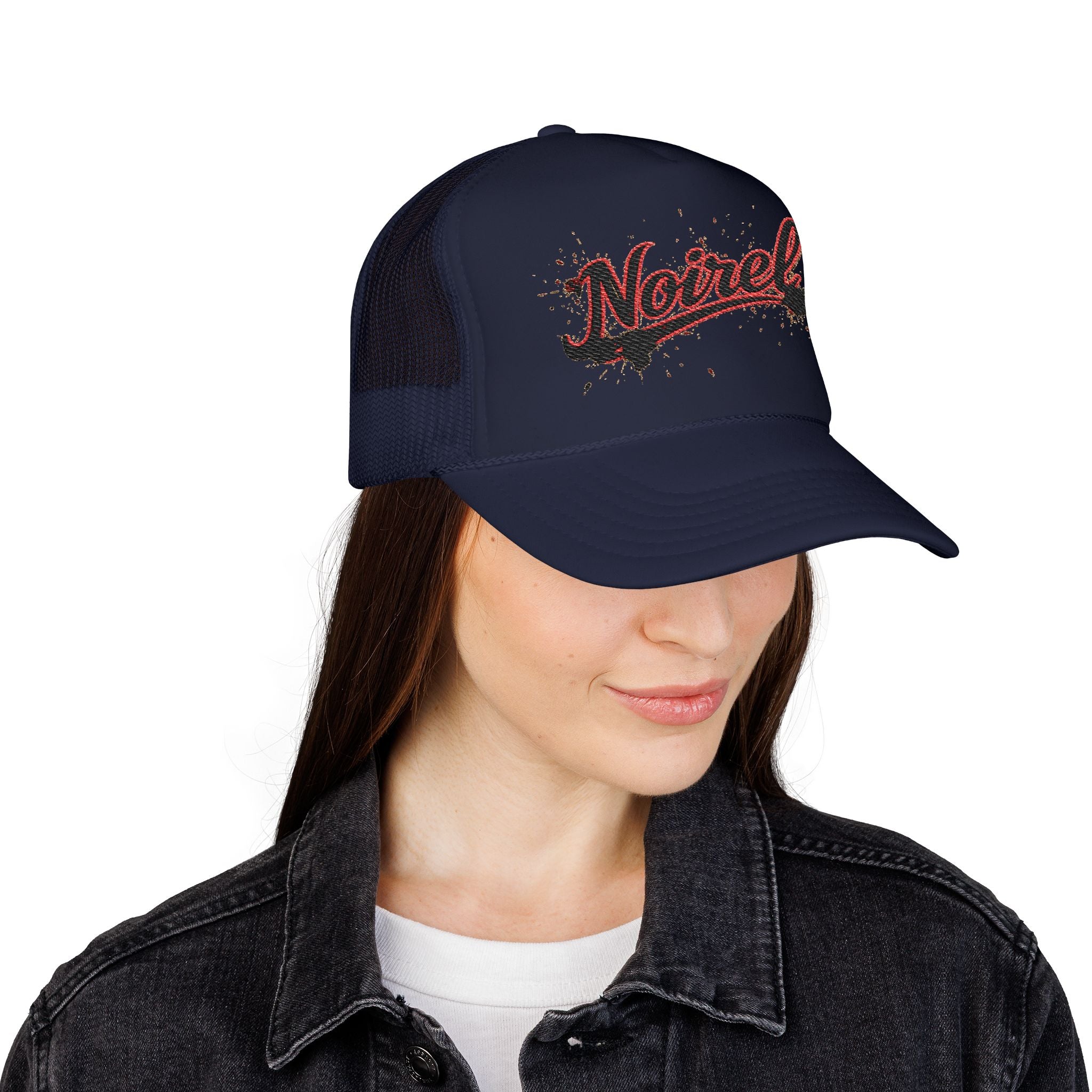 Noiriel Trucker Hat – Retro Script Logo Foam Mesh Cap 