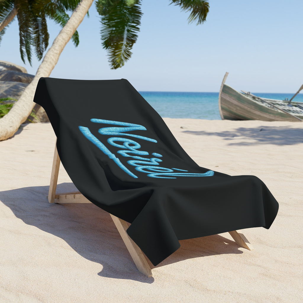NOIRÉL Script Beach Towel – Premium Black Beach Towel with Blue Script Logo