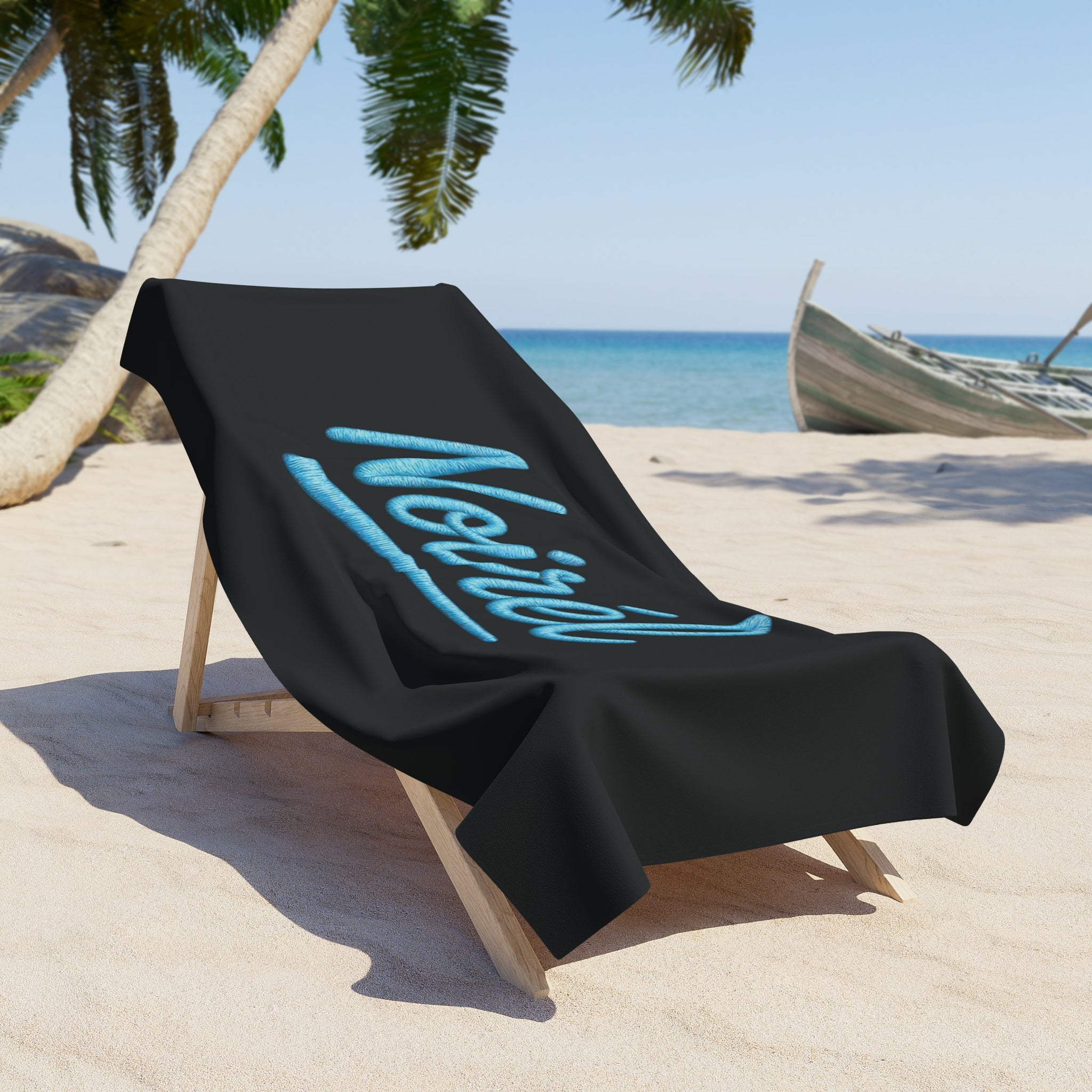 NOIRÉL Script Beach Towel – Premium Black Beach Towel with Blue Script Logo