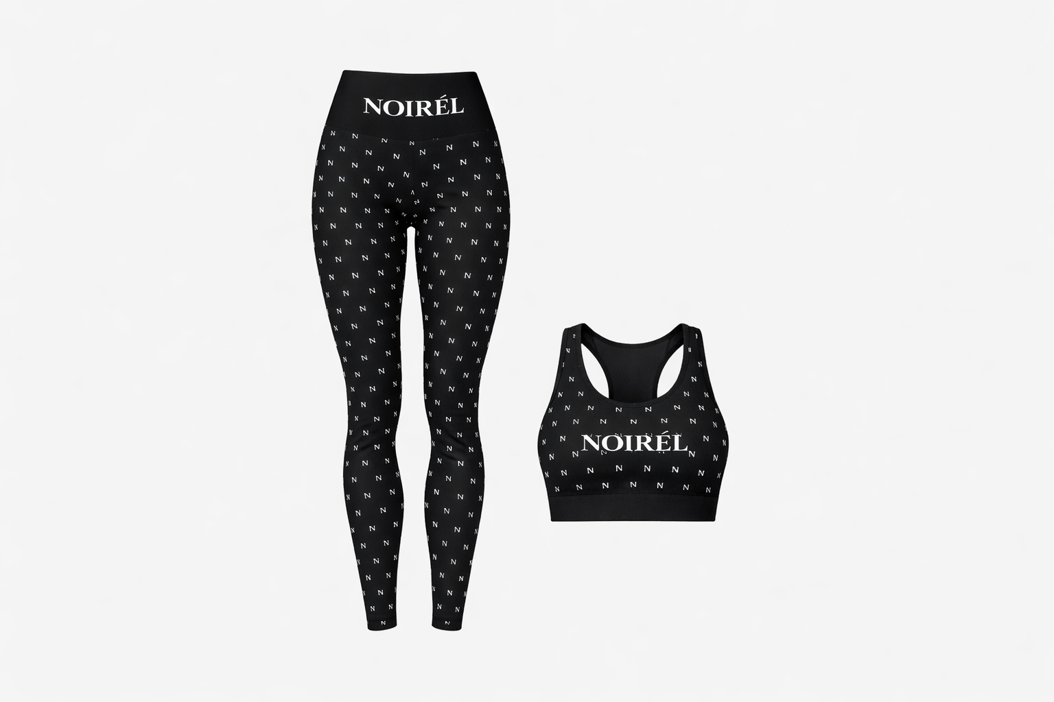 NOIRÉL Black White Luxe All Over Set – Sports Bra & Yoga Leggings Bundle