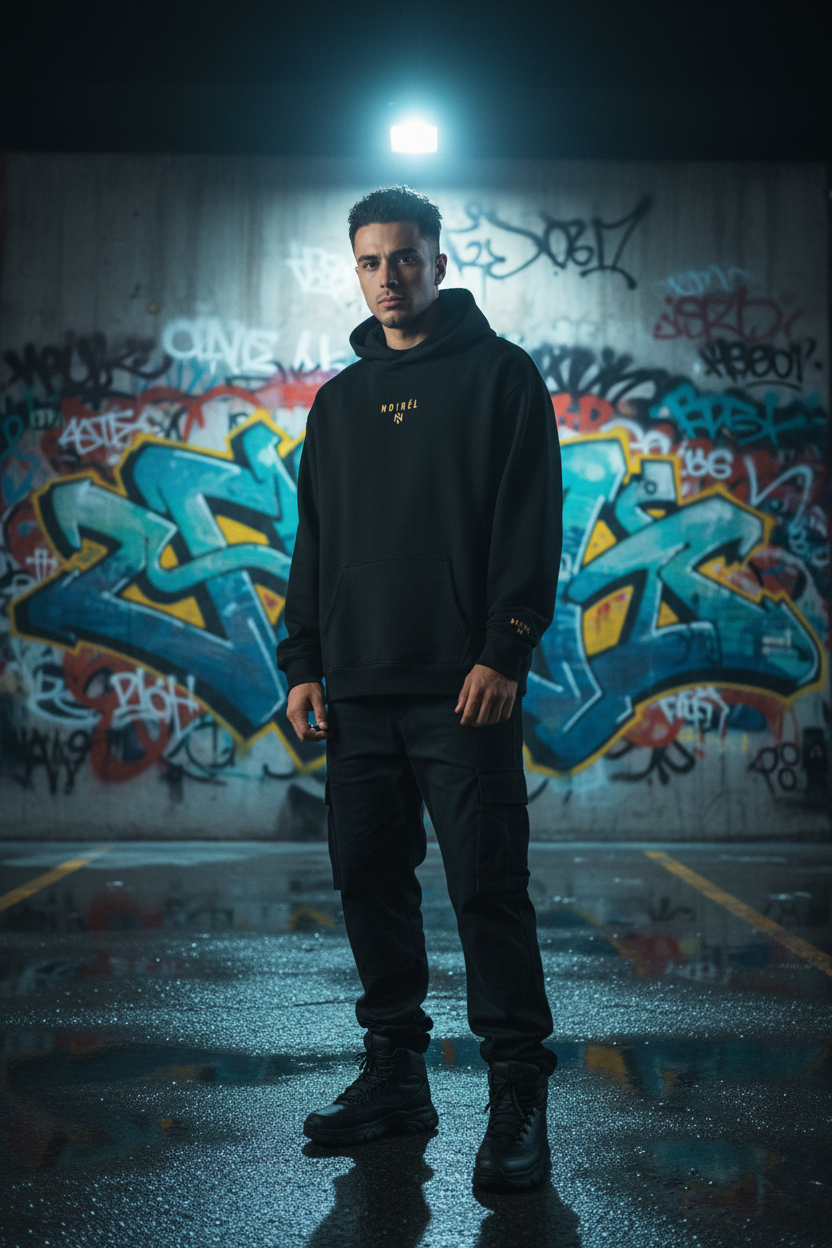 NOIRÉL Graffiti Hoodie – Premium Black Hoodie with Embroidered Front Logo & Graphic Back Print